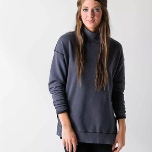 Free People Distressed Charcoal Gray Black Mock Neck Sweatshirt Tunic Side Slit